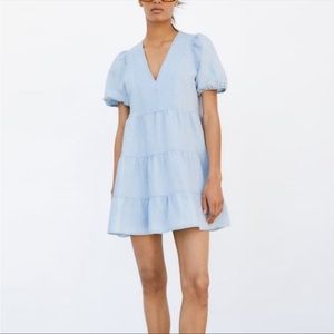 Zara Tiered Linen Blend Mini Dress in Light Blue, Size Small.